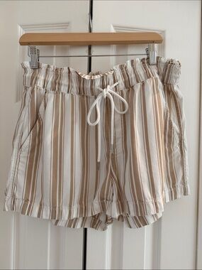 LOFT Striped High-Waist Drawstring Shorts - Beige White